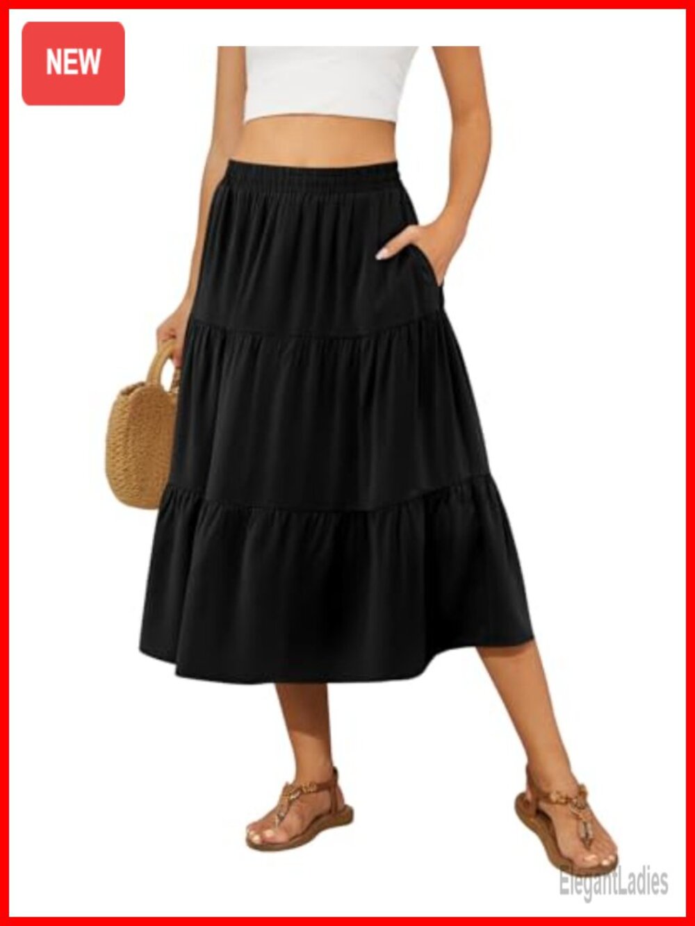 Women's Midi Skirt Tiered Ruffle High Waist Flowy A-Line with Pockets